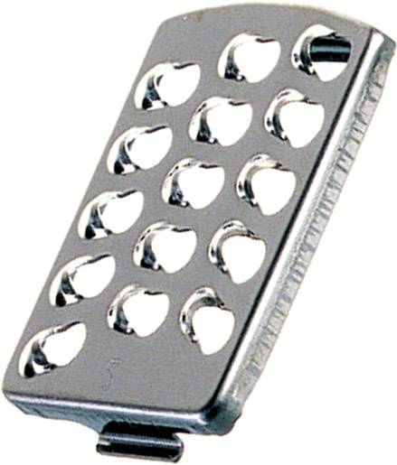 Käsereibe aus Metall mit mehreren runden Löchern, geeignet zum feinen Reiben von Käse oder Gemüse.