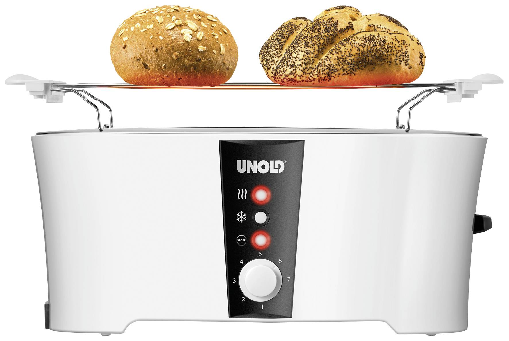 Toaster mit Brötchenaufsatz, darauf zwei Brötchen. Gerät hat weiße Oberfläche, schwarzen Bedienbereich mit zwei Knöpfen und einem Drehregler.