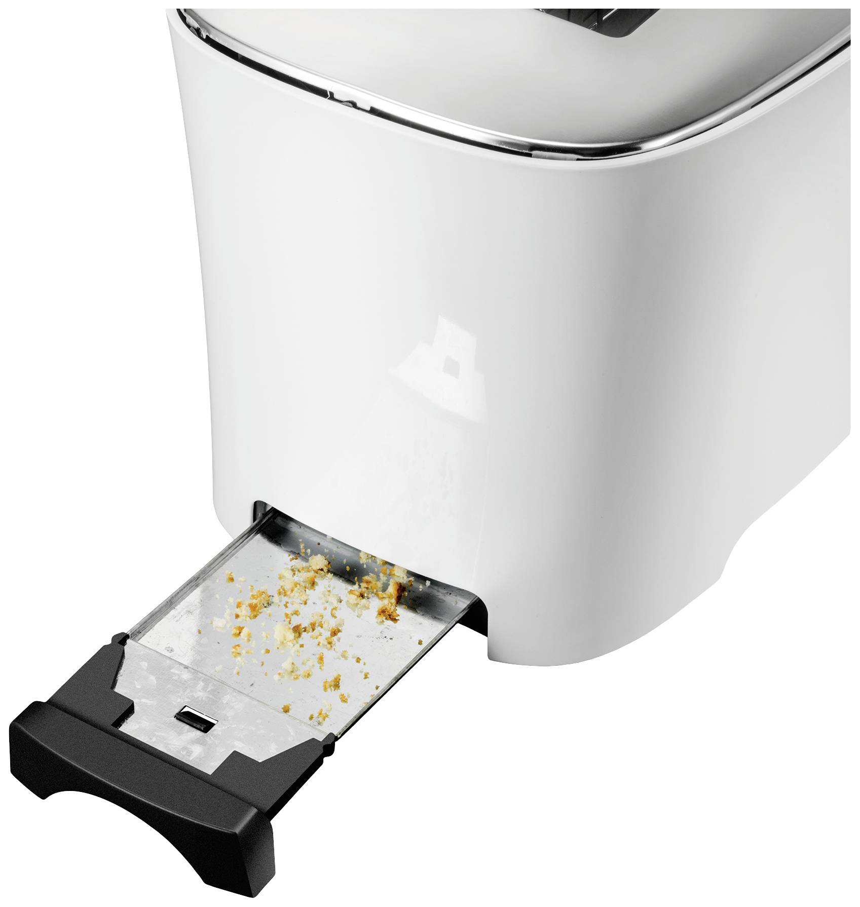 Ein Toaster mit herausziehbarer Krümelschublade, die einige Brotkrümel hält, für einfache Reinigung und Wartung.