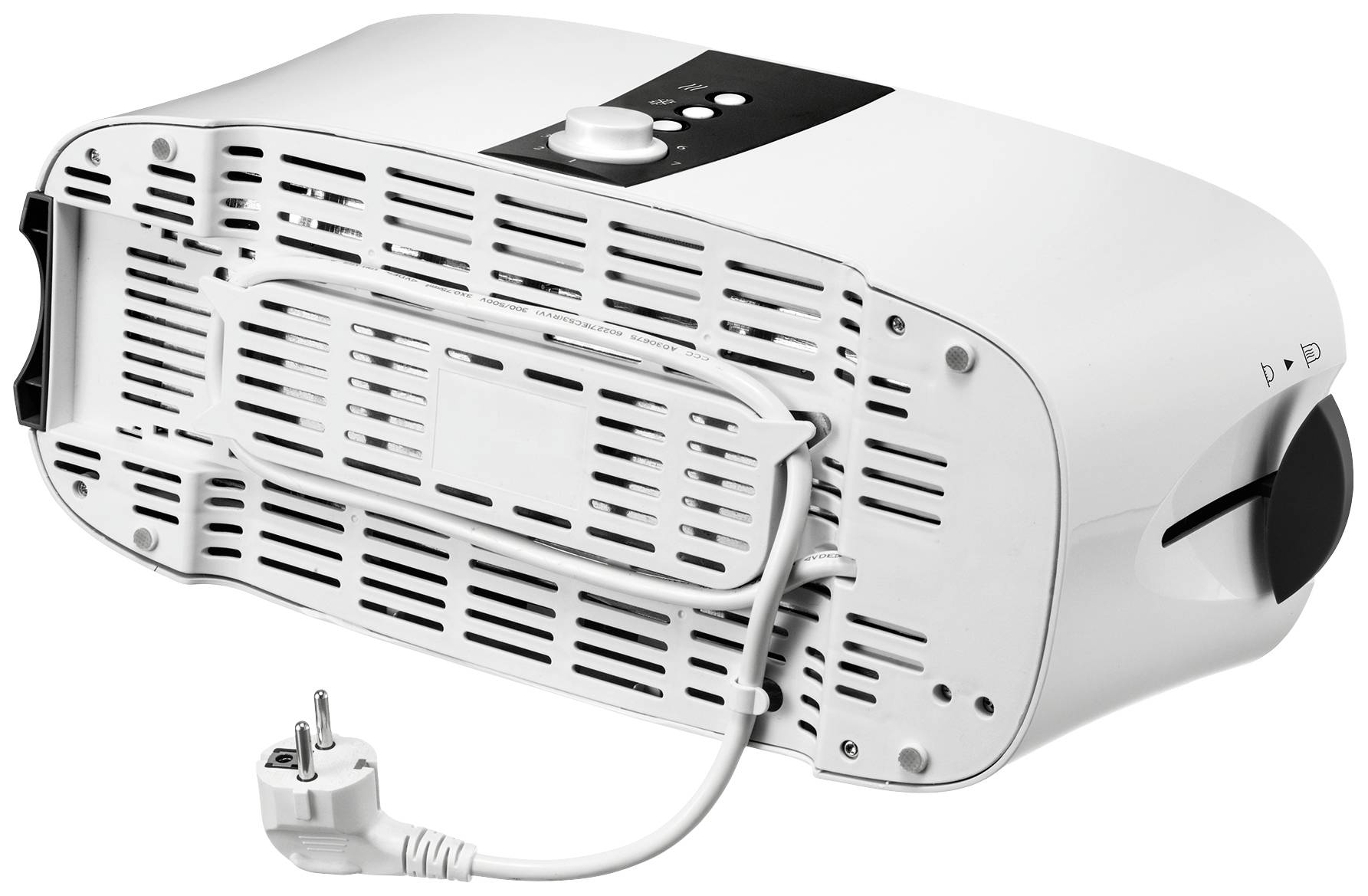 Ein weißes Elektrogerät, dargestellt von unten, mit herausgezogenem Netzkabel neben dem Gehäuse.