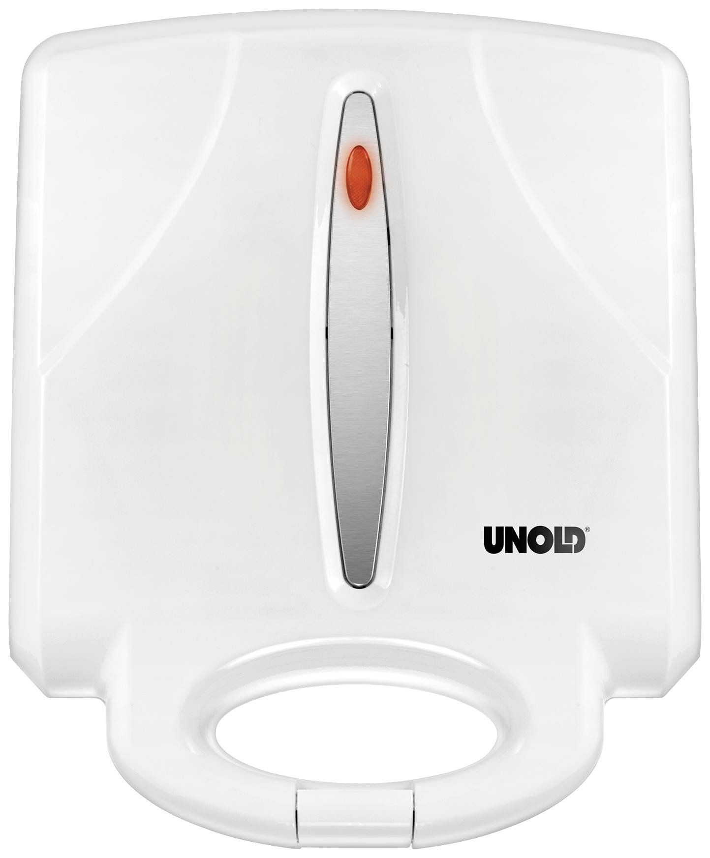 Ein weißer Sandwichtoaster mit orangefarbener Kontrollleuchte und Unold-Logo auf der Vorderseite.