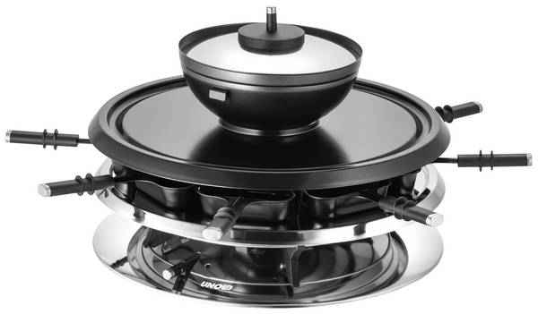 Unold UNOLD RACLETTE 48726 Multi 4 in 1 - Raclette/Fondue/Grill/Heißer Stein Raclette 8 Fonduegabeln, 8 Pfännchen, Antihaftbeschichtung, stufenloser Temperaturregler Edelstahl, Schwarz