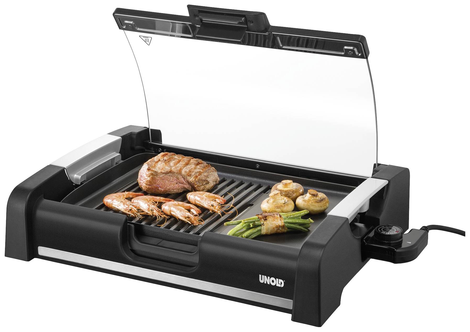 Ein elektrischer Tischgrill mit einer offenen Glasscheibe. Auf dem Grill liegen ein Stück Fleisch, Garnelen, grüne Bohnen und Champignons.