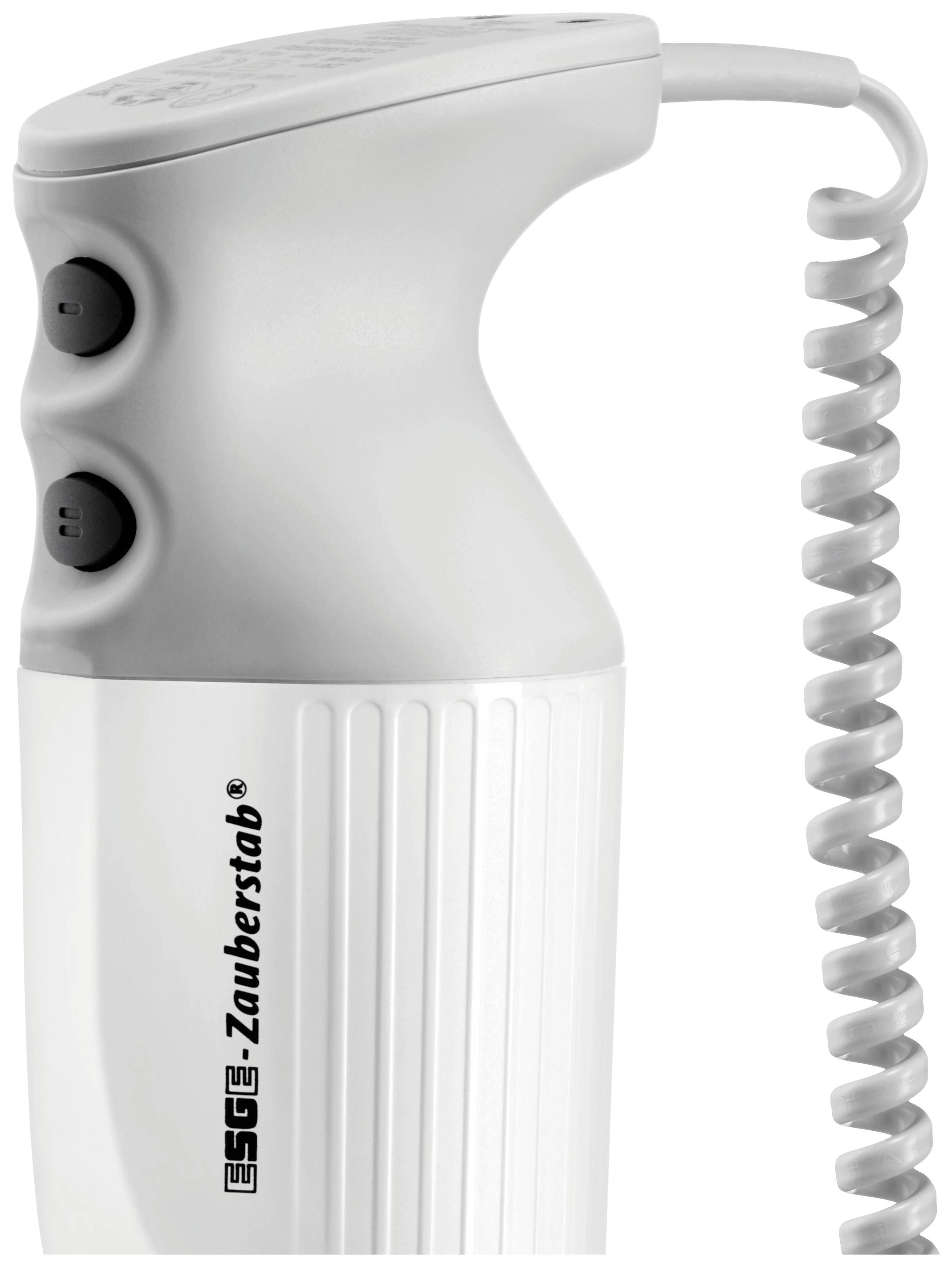 Handmixer in Weiß mit Spiralkabel, zwei schwarzen Tasten und der Aufschrift 'ESGE-Zauberstab'.
