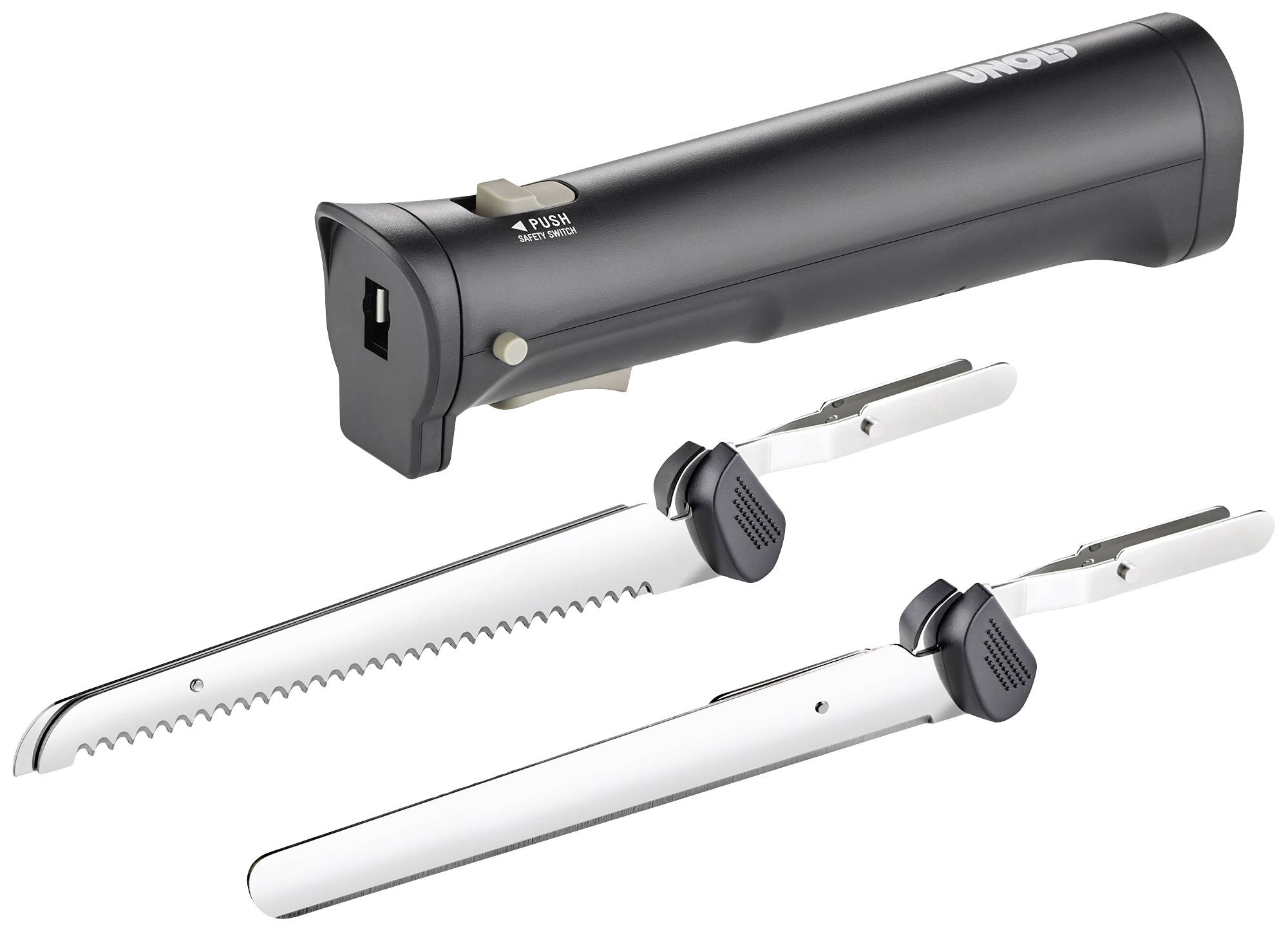 Elektrisches Messer mit zwei verschiedenen Klingen, eine gezackt für Brot und eine glatt für Fleisch. Schwarzer Griff mit Knopf.
