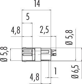 Technische Zeichnung eines zylindrischen Objekts mit spezifischen Maßen: Durchmesser 5,8 mm, Länge 14 mm, diverse weitere Abmessungen.