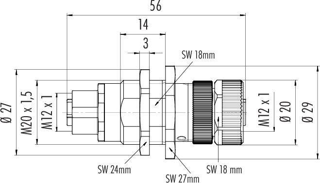 Technische Zeichnung eines Steckverbinders mit detaillierten Maßen in Millimeter. Schraubengewinde und Durchmesser sind angegeben.