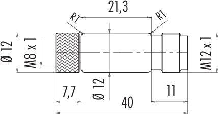 Technische Zeichnung eines zylindrischen Teils mit Gewinden M8 x 1 und M12 x 1. Die Gesamtlänge beträgt 40 mm, der Durchmesser 12 mm.