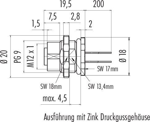 Technische Zeichnung eines Steckverbinders, zeigt Maße in Millimetern. Hauptmaße: 200 mm Länge, 19,5 mm Breite. Hinweis: 'Ausführung mit Zink Druckgussgehäuse'.