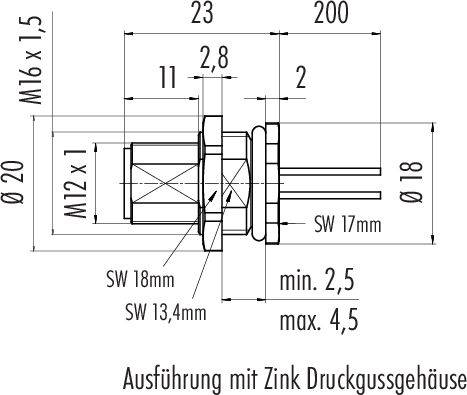 Technische Zeichnung eines zylindrischen Steckers mit Maßangaben. Zeigt Details wie Durchmesser, Gewinde und Schlüsselweite.