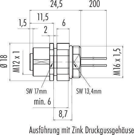Technische Zeichnung eines Steckverbinders mit Maßangaben. Außendurchmesser 18 mm, Länge 24,5 mm. Gehäuse aus Zinkdruckguss.