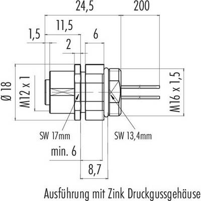 Technische Zeichnung eines Steckverbinders mit Maßangaben. Außendurchmesser 18 mm, Länge 24,5 mm. Gehäuse aus Zinkdruckguss.