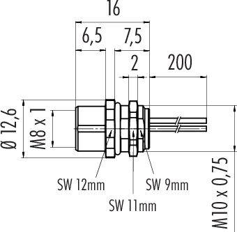 Technische Zeichnung eines Steckverbinders mit Abmessungen: Gesamtlänge 200 mm, Durchmesser M8 x 1, verschiedene Schlüsselweiten.