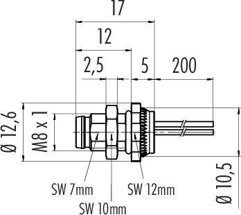 Technische Zeichnung eines zylindrischen Steckers mit Abmessungen: Länge 17 mm, Durchmesser 12,6 mm, Gewinde M8 x 1.