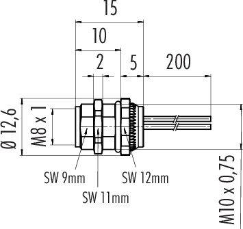 Technische Zeichnung eines zylindrischen Steckverbinders. Maße: Durchmesser 12,6 mm, Länge 15 mm, Gewinde M8 x 1.