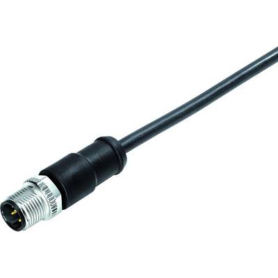 Ein schwarzes Kabel mit Metallstecker zeigt die Vorderansicht eines runden, rauen Steckers mit mehreren Pins für elektrische Verbindung.
