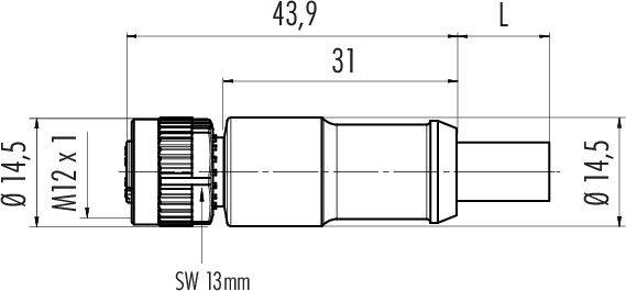 Technische Zeichnung eines Steckverbinders mit den Maßen: Gesamtlänge 43,9 mm, Durchmesser 14,5 mm, Gewinde M12 x 1, Schlüsselweite 13 mm.