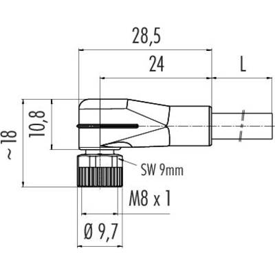Technische Zeichnung eines Steckverbinders mit Maßangaben: Gesamtlänge 28,5 mm, Breite 24 mm, Höhe 18 mm, Gewinde M8 x 1.