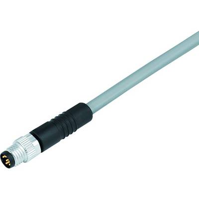 Ein graues Kabel mit einem schwarzen Anschlussstück und Metallsteckverbindung an einer Seite, vor einem weißen Hintergrund.