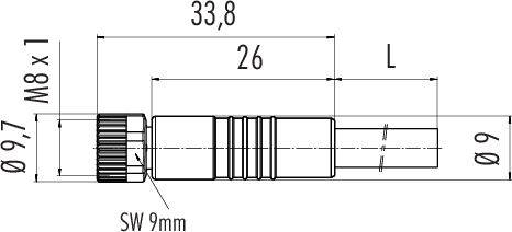 Technische Zeichnung eines zylindrischen Steckers mit Abmessungen: Gesamtlänge 33,8 mm, Durchmesser 9,7 mm, Gewinde M8 x 1, Schlüsselweite 9 mm.