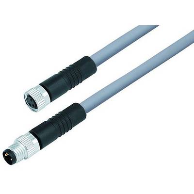 Zwei graue Kabel mit schwarzen Steckern an beiden Enden, einem männlichen und einem weiblichen Anschluss, für elektrische Verbindungen.