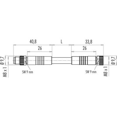 Technische Zeichnung eines Verbindungselements mit Gewinde, Gesamtlänge 'L', Maße 40,8 mm und 33,8 mm, Durchmesser 9,7 mm.