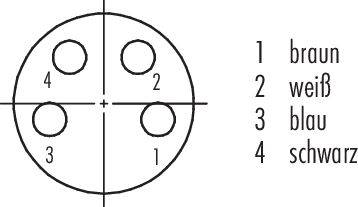 Diagramm eines Anschlusssteckers. Es zeigt vier nummerierte Kontakte: 1 (braun), 2 (weiß), 3 (blau), 4 (schwarz).