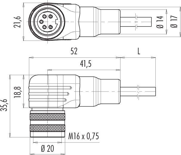 Technische Zeichnung eines gewinkelten Steckers, 4-polig, mit Maßen: Länge 52 mm, Breite 21,6 mm. Enthält Gewinde M16 x 0,75.
