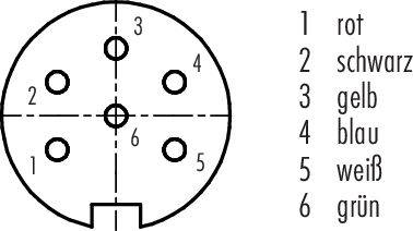 Ein Schaltplan zeigt einen runden Stecker mit Nummern 1 bis 6. Rechts ist eine Farbliste: 1 rot, 2 schwarz, 3 gelb, 4 blau, 5 weiß, 6 grün.