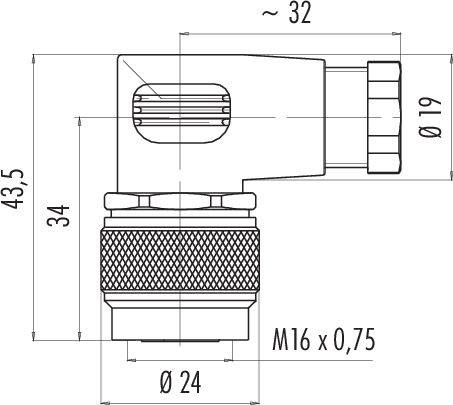 Technische Zeichnung eines Steckverbinders mit Maßangaben: Länge 32 mm, Höhe 43,5 mm, Außendurchmesser 24 mm, Innengewinde M16 x 0,75 mm.