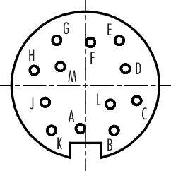 Steckverbinder-Diagramm mit gekennzeichneten Pins von A bis M, um deren Anordnung und Funktion in einem elektronischen Gerät darzustellen.