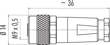 Technische Zeichnung eines zylindrischen Steckverbinders mit Gewinde M9 x 0,5. Durchmesser 14 mm, Länge circa 36 mm.