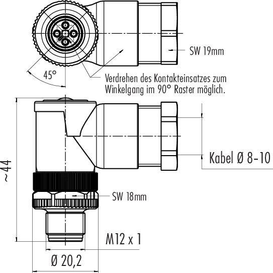 Technische Zeichnung eines Steckers: seitliche und obere Ansicht mit Maßen. Winkel und Kabeldurchmesser sind angegeben.