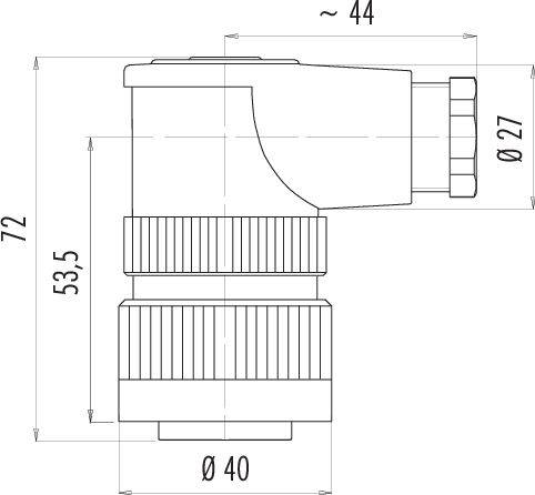 Technische Zeichnung eines abgewinkelten Rohradapters mit Maßen: Gesamthöhe 72 mm, Breite 44 mm, und Durchmesser 40 mm und 27 mm.