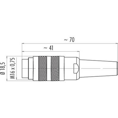 Technische Zeichnung eines zylindrischen Steckers mit Abmessungen: Gesamtlänge ca. 70 mm, Durchmesser 18,5 mm, Gewinde M16 x 0,75.