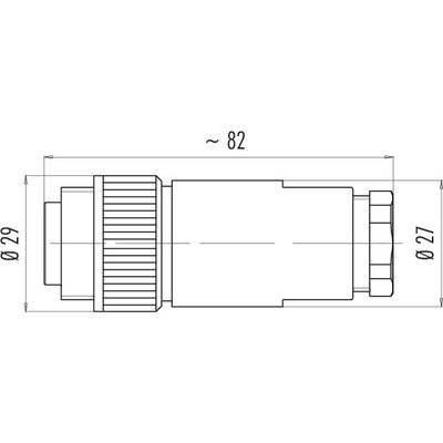 Technische Zeichnung eines zylindrischen Steckverbinders. Länge ca. 82 mm, Durchmesser vorne 29 mm, hinten 27 mm.