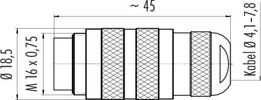 Zeichnung eines Kabelverbinders mit Maßen: Länge ca. 45 mm, Außendurchmesser 18,5 mm, Gewinde M16 x 0,75, Kabeldurchmesser 4,1–7,8 mm.