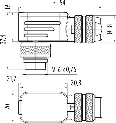 Technische Zeichnung eines Steckverbinders mit Abmessungen: Gesamtlänge ca. 54 mm, Durchmesser 18 mm. M16-Gewinde.