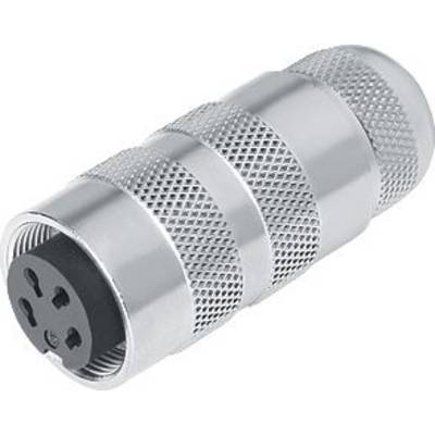 Ein silberner Metallstecker mit geriffelter Oberfläche und vier schwarzen Löchern an einem Ende, vermutlich ein Anschlussstecker.
