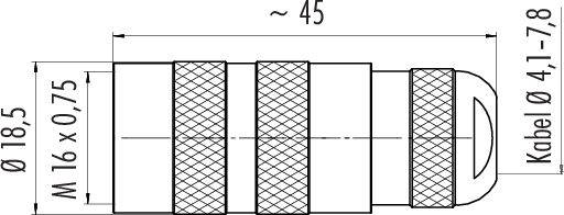 Technische Zeichnung eines Steckers mit Maßen: Länge 45 mm, Durchmesser 18,5 mm, Gewinde M16 x 0,75 mm, Kabeldurchmesser 4,1-7,8 mm.