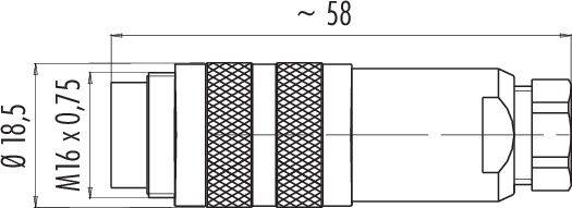 Technische Zeichnung eines Steckers mit den Maßen ø18,5 mm, Länge ca. 58 mm, Gewinde M16 x 0,75 mm. Draufsicht, Detailansicht.