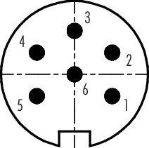 Diagramm eines runden Steckverbinders mit sechs nummerierten, schwarzen Pins. Pins sind im Kreis angeordnet, beginnend mit 1 rechts.