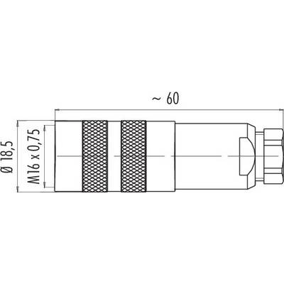 Technische Zeichnung eines zylindrischen Bauteils. Maße: Durchmesser 18,5 mm, Länge ca. 60 mm, Gewinde M16 x 0,75 mm.