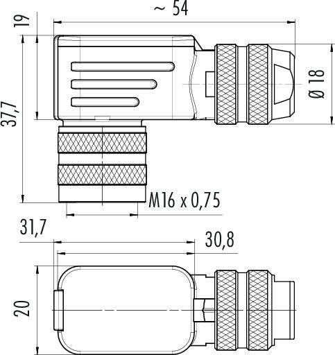 Technische Zeichnung eines Steckverbinders mit Abmessungen: Länge ca. 54 mm, Höhenmaße 19 mm und 37,7 mm, Durchmesser 18 mm.