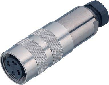 Ein silberner, runder elektrischer Steckverbinder mit mehreren Pins, möglicherweise für industrielle oder audiovisuelle Anwendungen.