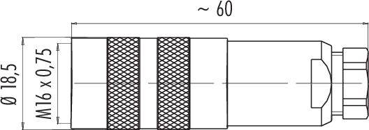 Technische Zeichnung eines zylindrischen Steckers mit den Maßen: Durchmesser etwa 18,5 mm, Länge etwa 60 mm, Gewinde M16 x 0,75.