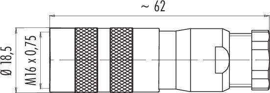 Technische Zeichnung eines Steckverbinders. Abmessungen: Durchmesser 18,5 mm, Länge ca. 62 mm, Gewinde M16 x 0,75.