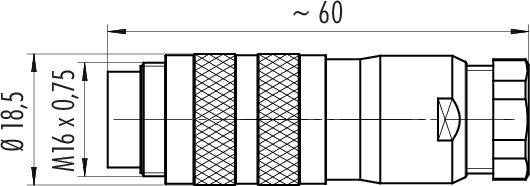 Technische Zeichnung eines Steckverbinders mit Maßen: Durchmesser 18,5 mm, Länge 60 mm, Gewinde M16 x 0,75.