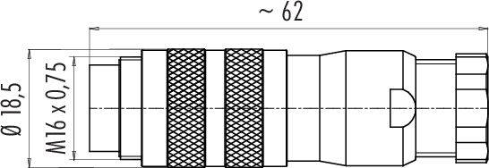 Technische Zeichnung eines Steckverbinders: Maße, Durchmesser 18,5 mm, Länge ca. 62 mm, Gewinde M16 x 0,75.