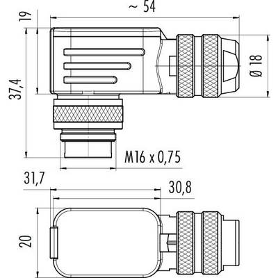 Technische Zeichnung eines Gehäuses mit Maßen: Länge 54 mm, Durchmesser 18 mm, Höhe 37,4 mm. Schraubgewinde M16 x 0,75.